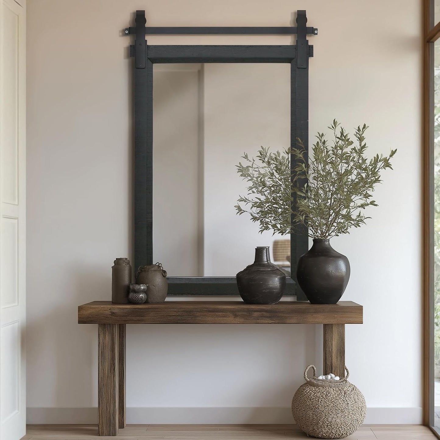 Rustic Barn Door Mirror: 24"x36" Black Farmhouse Wood Frame - Wall Mirror for Entryway/Bathroom/Living Room Wall Decor