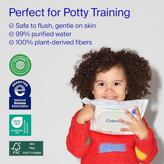 Coterie Flushable Wipes for Toddlers, Designed for Potty Training, Safe for Sensitive Skin, Hypoallergenic, 99% Water, Plant-Based, Fragrance Free, Sewer & Septic Safe, 8 Pack (448 Wipes)