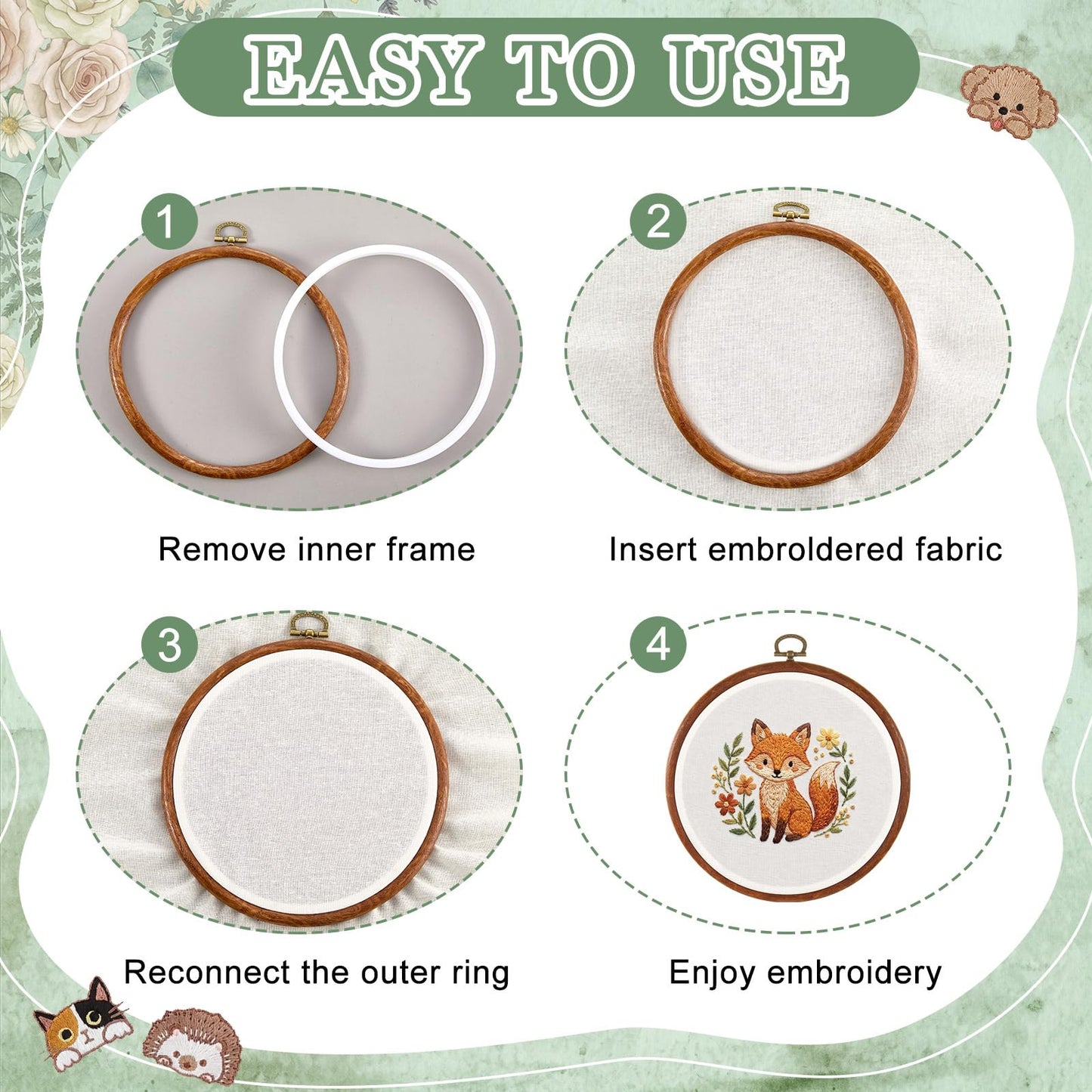 Tudomro 6 Sets 6.7 Inch Embroidery Hoop Frame and 11.8 Inch Pre-Cut Cloth Fabric Squares Kit Imitation Wood Cross Stitch Hoop for Beginner, DIY, Art Craft Sewing, Wall Hanging Decor(Sage Green)
