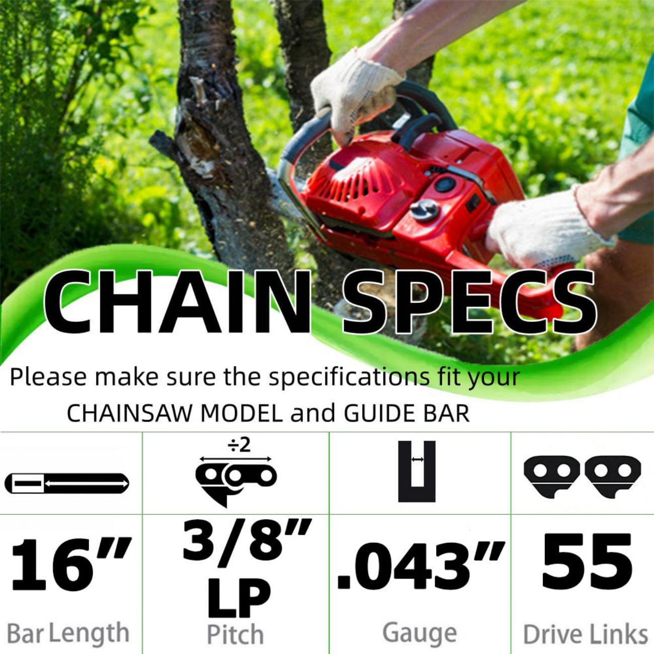 16 Inch Chainsaw Chain 3/8"LP Pitch .043" Gauge 55 Drive Links Fits for Stihl MS170 MS171 MS180, Oregon, Poulan, Mastercraft, 36100050055,61PMMC3-55 and More,R55(3 chainsaw chains)