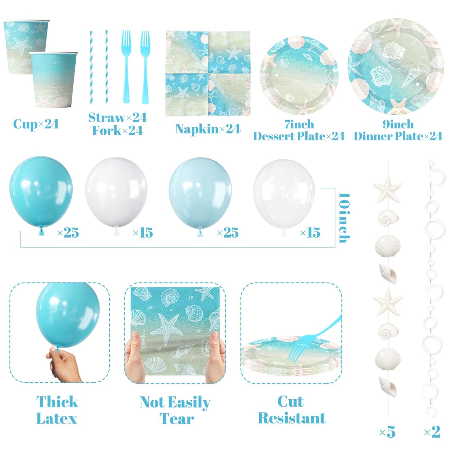 Beach Birthday Party Decorations, All-in-1 Ocean Themed Party Decorations with Balloon Arch Fringe Backdrop Seashell Bubble Garland Plates Napkins Centerpieces Cake Topper for Coastal Party, Serve 24