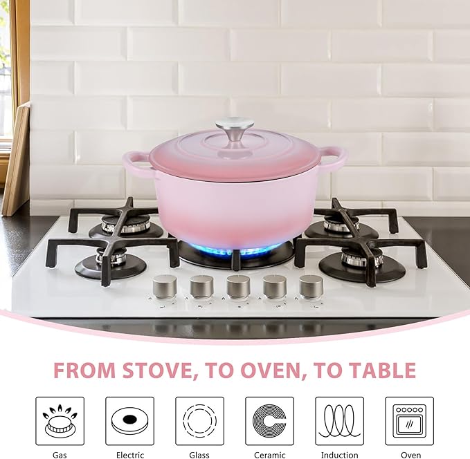 E-far 3 Qt Enameled Cast Iron Dutch Oven with Lid, Small Round Nonstick Dutch Oven Pot for Bread Baking Braising Stews Roasting Cooking, Heavy Duty, Induction & Oven Safe - Pink