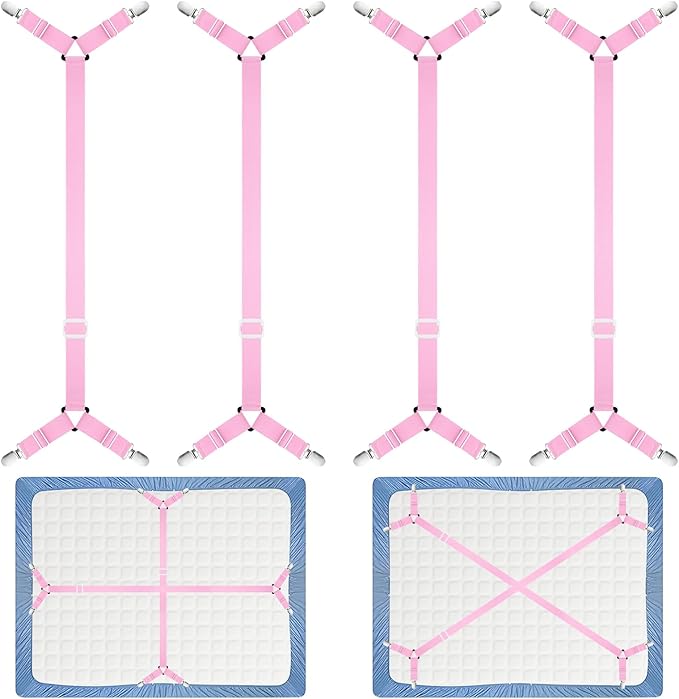 Morcheiong Bed Sheet Fasteners Straps - 4 Pack Adjustable Bed Sheet Holder Strap for Bedding Stays Bedsheet Tie Downs - Pink
