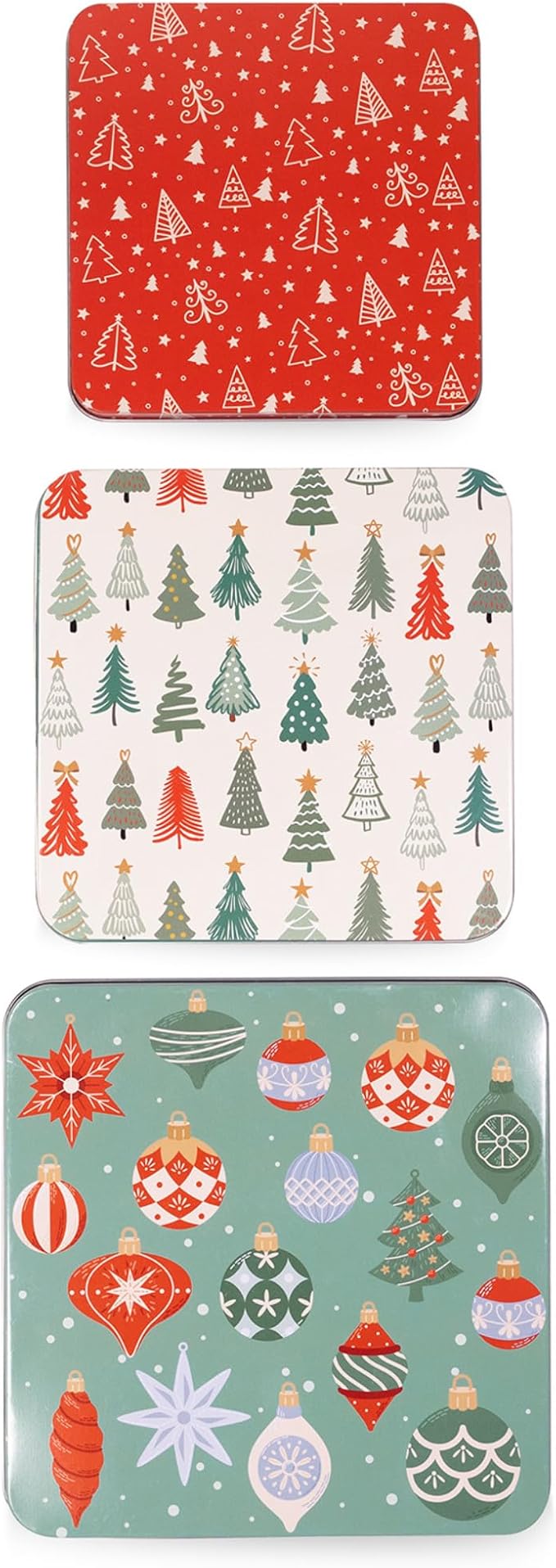 Steel Mill & Co Tin Containers with Lids, 3 Pack Christmas Cookie Tins, Festive Cookie Tins for Gift Giving & Holiday Treats, Square Metal Nesting Containers, Ornaments and Trees