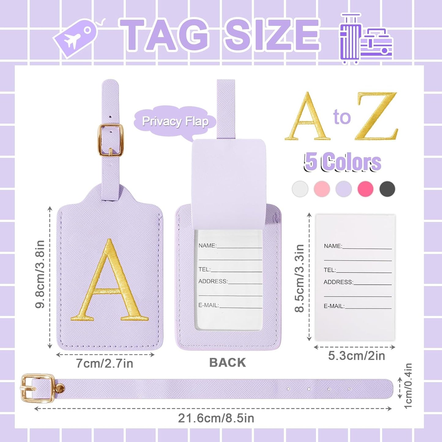 Personalized Initial Luggage Tags for Suitcase, Purple Leather Cute Luggage Tags with Privacy Cover Name Card, Embroidered Custom Monogrammed Luggage Tag Travel Backpack Tags Gifts for Women Kids(A)