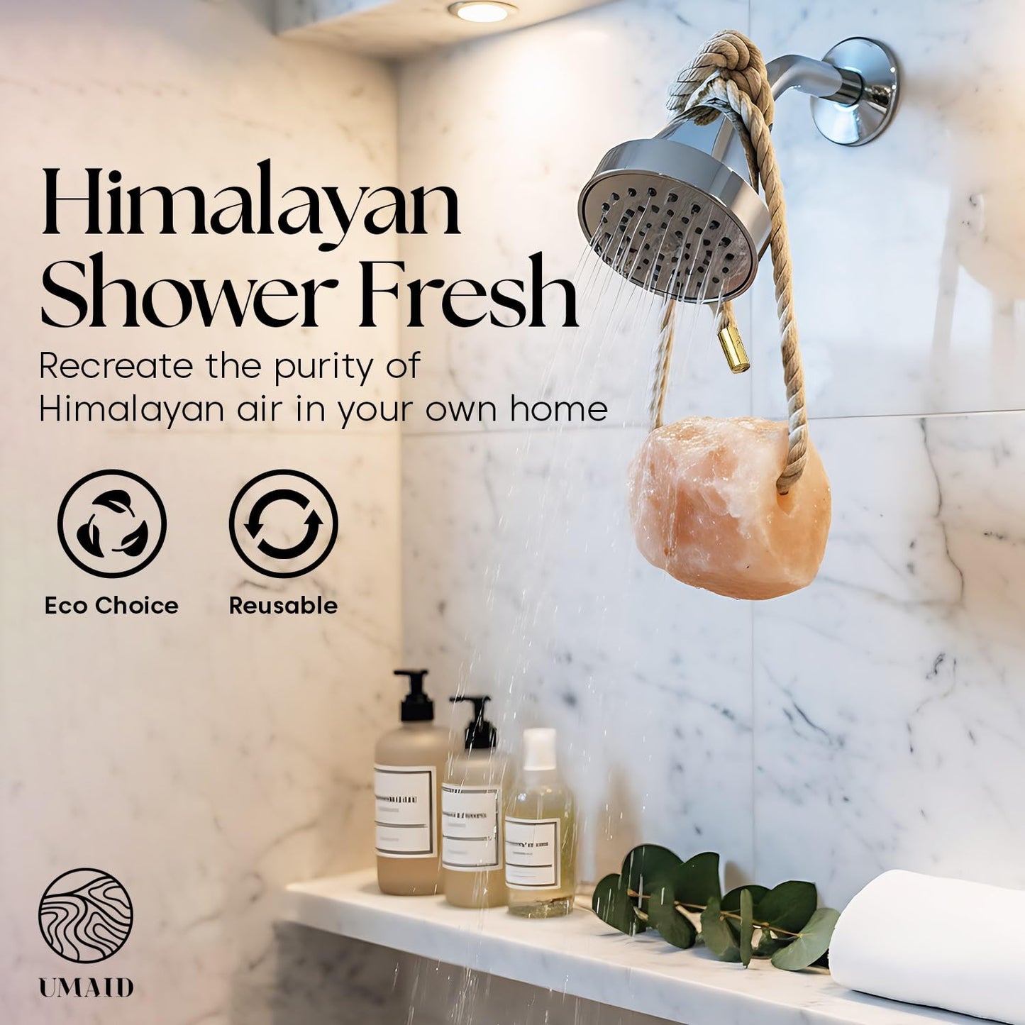 UMAID Himalayan Pink Salt Rock for Shower & Bath – Salt Buddy™ 4 lb Hanging Mineral Stone for Spa-Inspired Relaxation, Self-Care & Bath Soaks, Unique Wellness & Home Spa Gifts for Men & Women