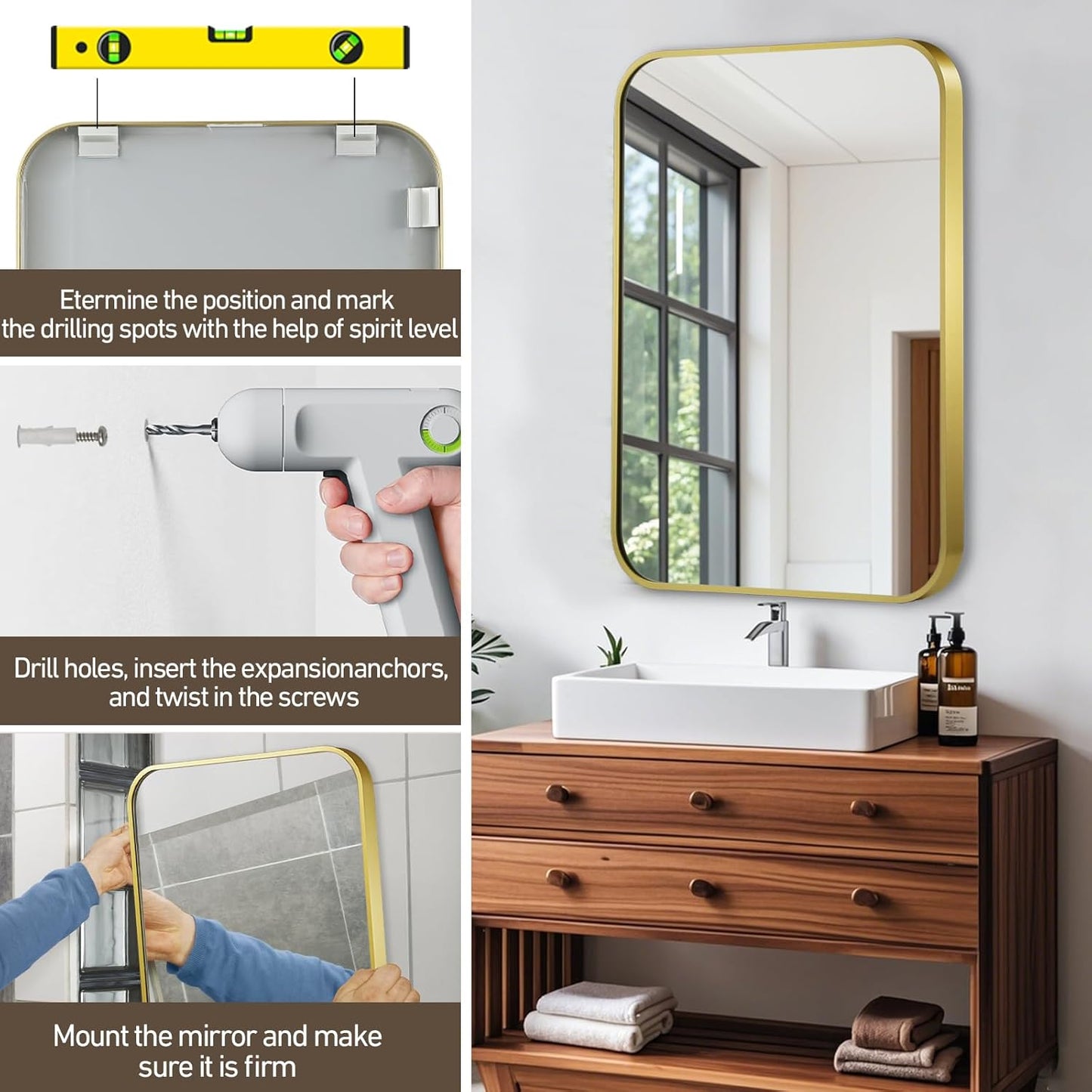 Matte Gold Mirror, 24x32 Inch Brushed Gold Mirror, Aluminum Alloy Framed Vanity Mirror, Rounded Rectangle Bathroom Mirror for Over Sink, Anti-Rust Wall Mirror (Horizontally or Vertically)