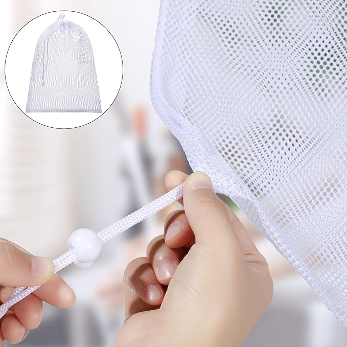 TecUnite 10 Pcs Mesh Bags Drawstring Laundry Bags Large Nylon Mesh Gift Dishwasher Bag with Sliding Drawstring for Kitchen Jewelry Gifts Wedding Favor Home(5.5 x 7.5 Inch,White)