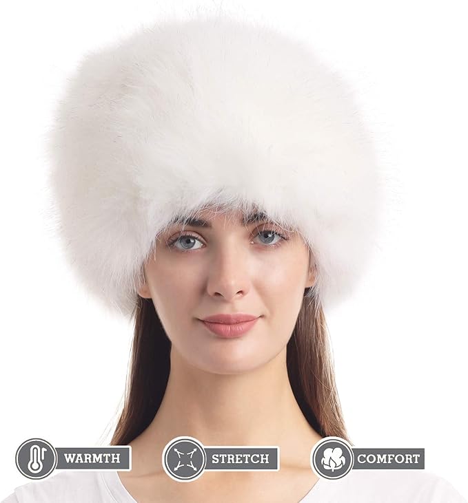 LA CARRIE Women's Faux Fur Hat for Winter with Stretch Cossack Russian Style White Warm Cap