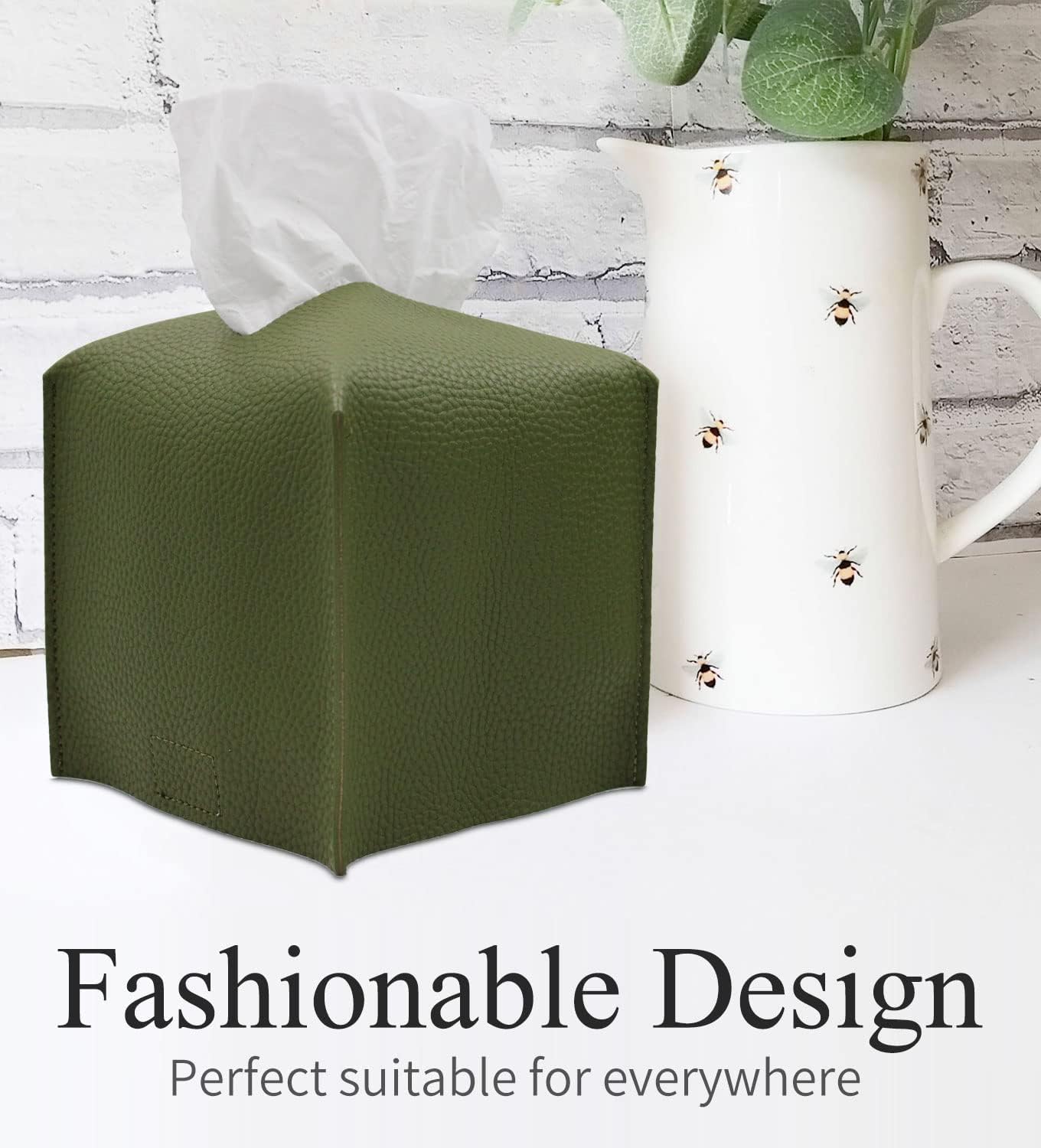Livelab Tissue Box Cover, Square Decorative PU Leather Tissue Box Holder Modern Tissue Case Facial Paper Organizer Dispenser for Bathroom, Vanity Countertop, Night Stands, Desk 5X5X5'' | Olive Green