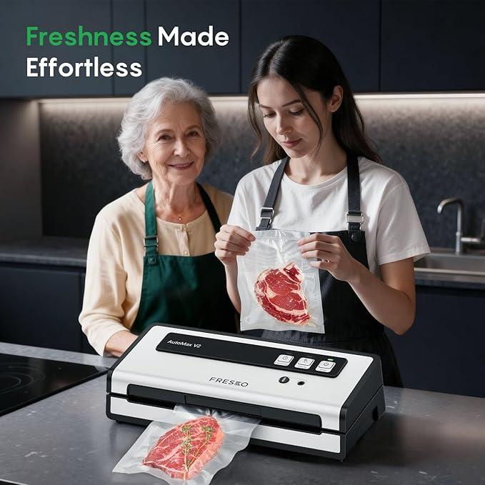 FRESKO Vacuum Sealer Machine with Automatic Bag Detection, Double Heat Seal, Compact Food Sealer, Easy to Use, Starter Kit
