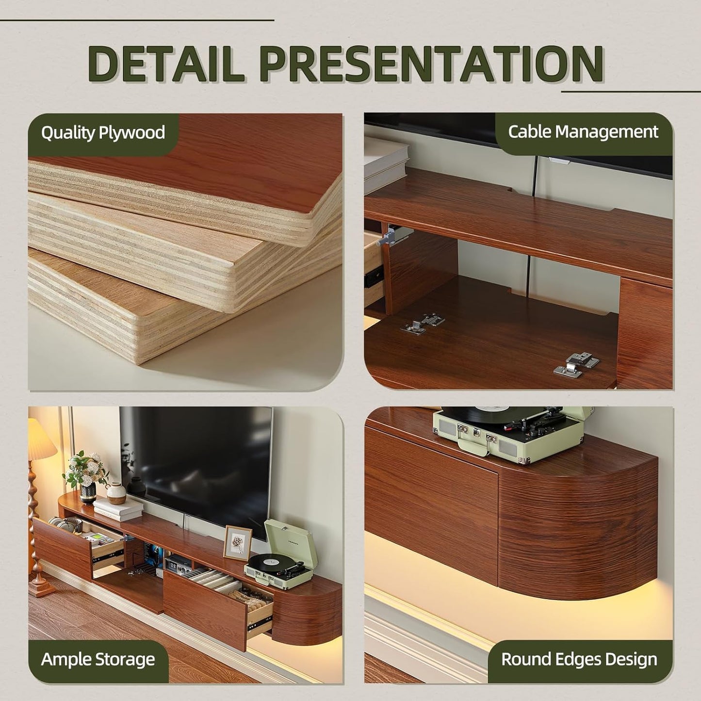 Fully Assembled Floating TV Stand with Drawers, 94IN Vintage Wall Mounted Entertainment Center, Minimalist Large Storage Console Under TV, Solid Wood Media Shelf for Living Room, Bedroom