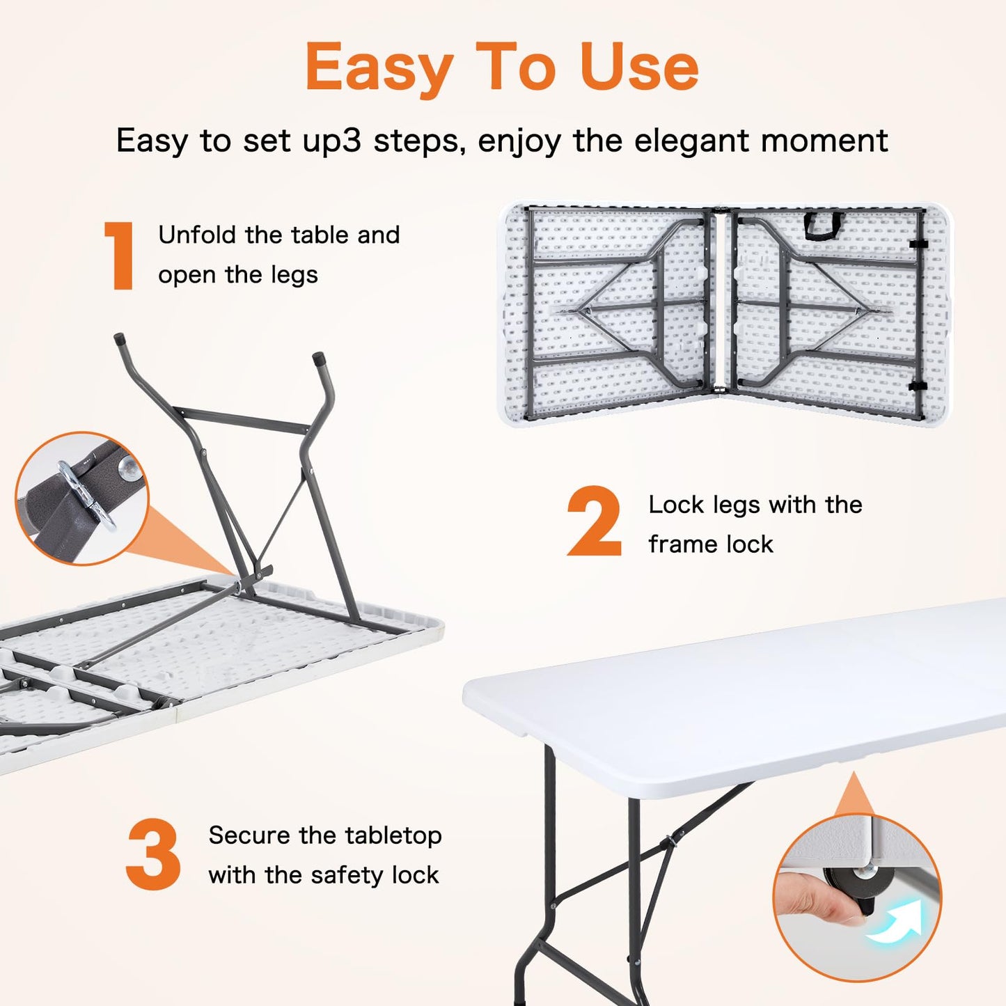 Sweetcrispy 6 FT Folding Picnic Table Easy to Fold and Store, Foldable Table for Camping Picnic Dining Party Kitchen Outdoor Indoor with Carrying Handle