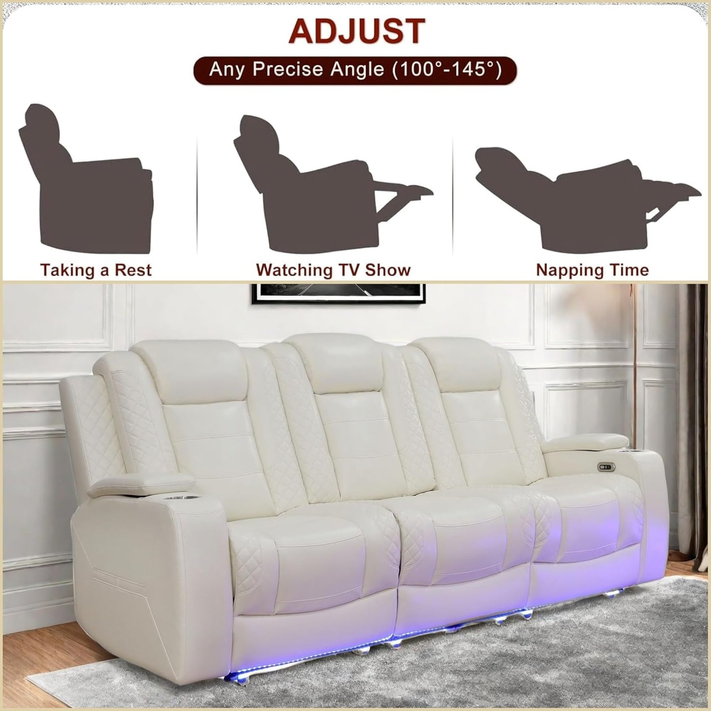 Leather Recliner Sofa Couch, 3-Seater Home Theater Seating Reclining Sofa, Power Reclining Couch with Cup Holders & Drop Down Table for Living Room Furniture Sets, White