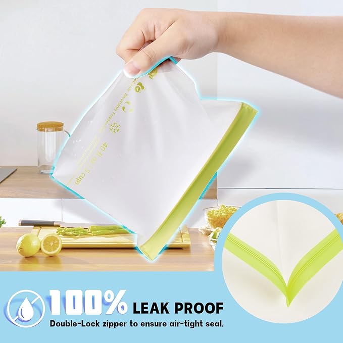 20 Pack Reusable Food Storage Bags,Leakproof Freezer Bags BPA Free Stand Up Sandwich Bags for Lunch Salad Fruit Travel,Dishwasher Safe(6 Gallon,8 Sandwich,6 Snack)