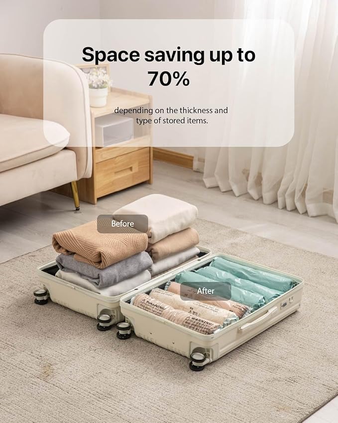 NeatNest 6 Pack Travel Roll-Up Vacuum Storage Bags – 40×60cm (15.7"×23.6"), No Vacuum Needed, Compression Packing Bags for Clothes, Carry-On Luggage, Camping, and Travel