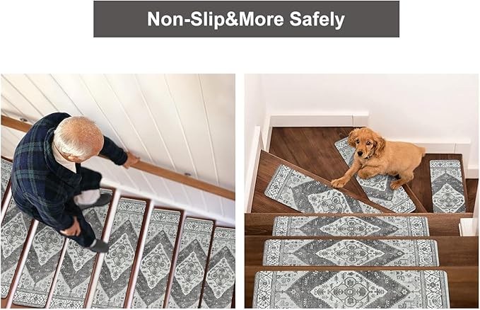 OJIA Extra Non-Slip Stair Treads for Wooden Steps, 30"X8" Indoor Stair Runners Slip Resistant Stair Rugs Safety Mats for Dogs, Kids & Elders, Rubber Backed Stair Treads Stair Covers (15PC, Gray)