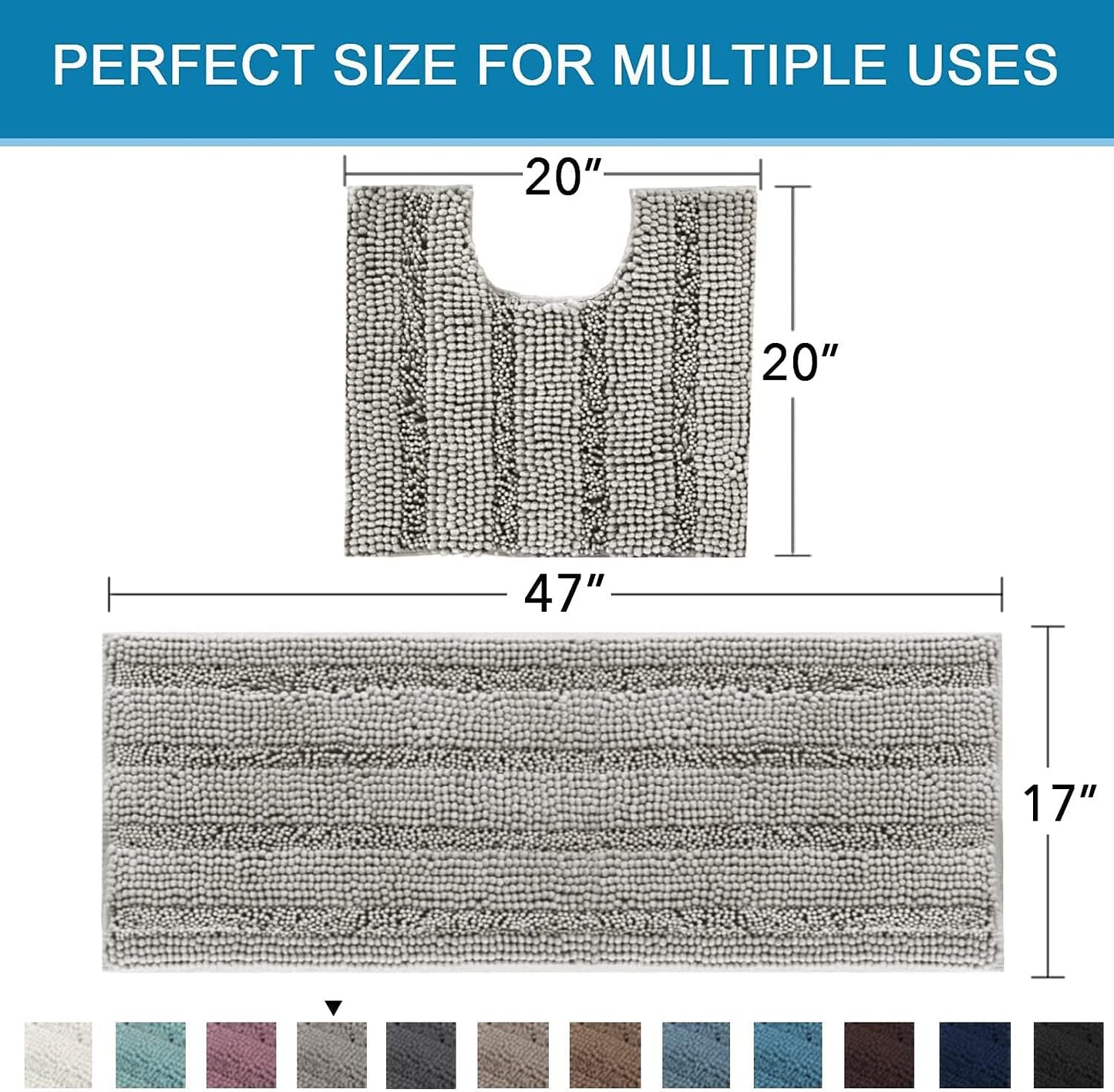 H.VERSAILTEX Bathroom Rugs Bath Rug Set 2 Piece Bathroom Contour Rug Toilet Mat Sets Non Slip Contour Bath Rug Ultra Thick Water Absorbent Striped Bath Mats Washable(47" x 17" Plus 20" x 20" U, Dove)