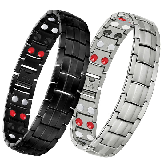 Feraco Magnetic Bracelets for Men Pain Relief Titanium Steel Double Row Strong Magnets Bracelet with Unique Blue Line, Adjustable Bracelet (Pack of 2)