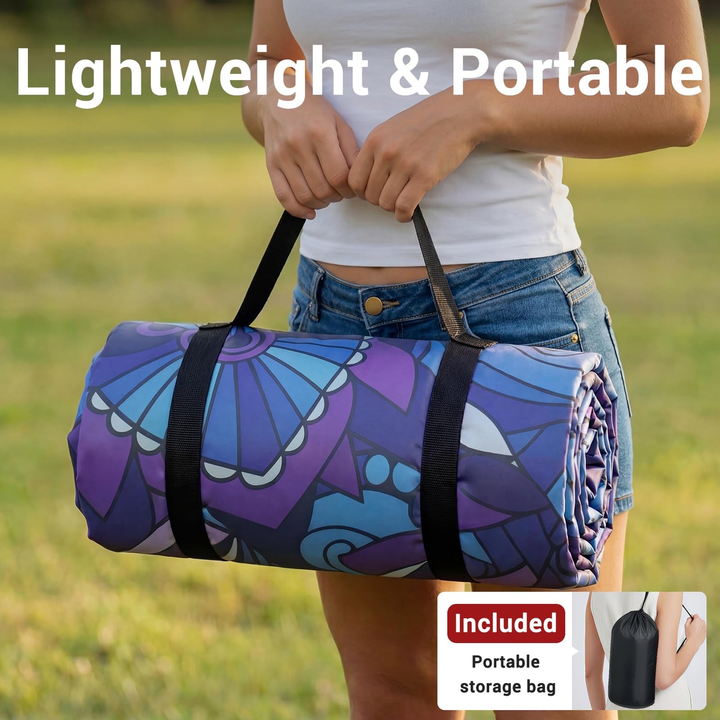 memKiya 60x80" Waterproof Picnic Blankets Outdoor Sandless Beach Blanket Foldable Padded Ground Grass Park Lawn Mat Tent Camping Rug Backpack Hiking Roadtrip Gadgets Gifts Rv Car Travel Trailers Items