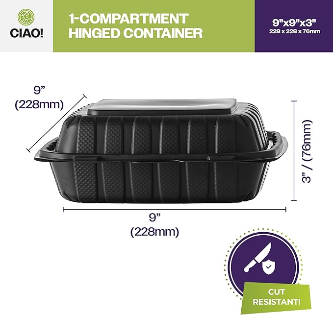 CIAO! 9"x9"x3" MFPP Black Hinged Container With Lid 1 Compartment (Case of 150)