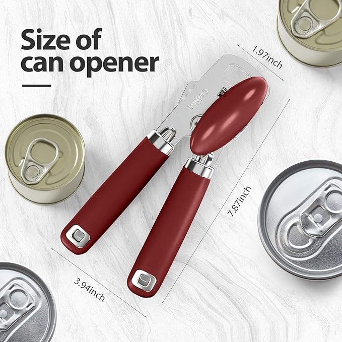 Can Opener Manual, Heavy Duty Stainless Steel Smooth Edge Can Opener With Soft Touch Handle, Oversized Handheld Easy Turn Knob, Multi-Function Bottle Opener, Red
