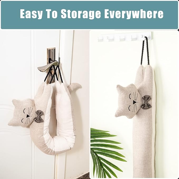 Marwood Under Door Draft Stopper Decorative Wind Stopper 48 inch for Door & Window, Weighted Animal Air Draft Stopper Snake Noise Blocker for Bottom of Door with Hanging Loops - Khaki Cat