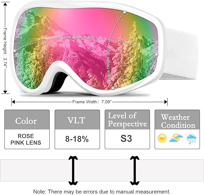 Ski Goggles OTG for Men Women, Anti-Fog Snowboard Goggles UV400 Protection Snow Goggles for Adult Youth