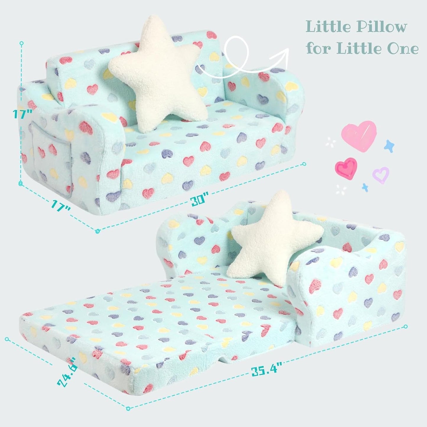 Extra Wider Seating Toddler Couch, 2-in-1 Toddler Soft Couch Fold Out with Star Pillow, Convertible Sofa to Lounger for Girls and Boys