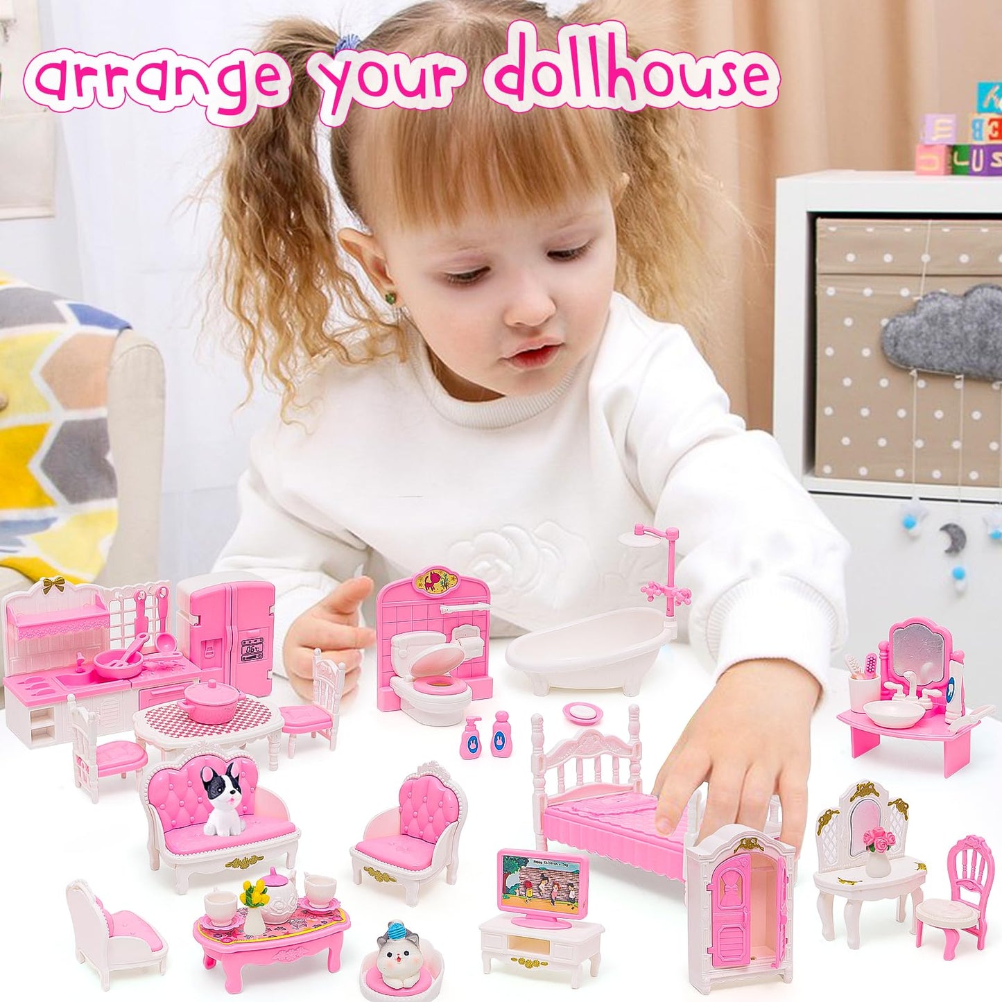 HAPGFS 45 Pcs Dollhouse Furniture Set Accessories Doll House Mini Furniture Pretend Play Bedroom Living Room Bathroom Kitchen for Kids Birthday and Christmas Pink