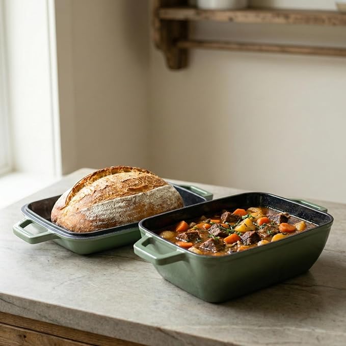 Cast Iron Dutch Oven for Bread Baking 12x8 Inch Enameled Bread Oven with Lid 6QT Cast Iron Bread Dutch Oven for Sourdough，Green