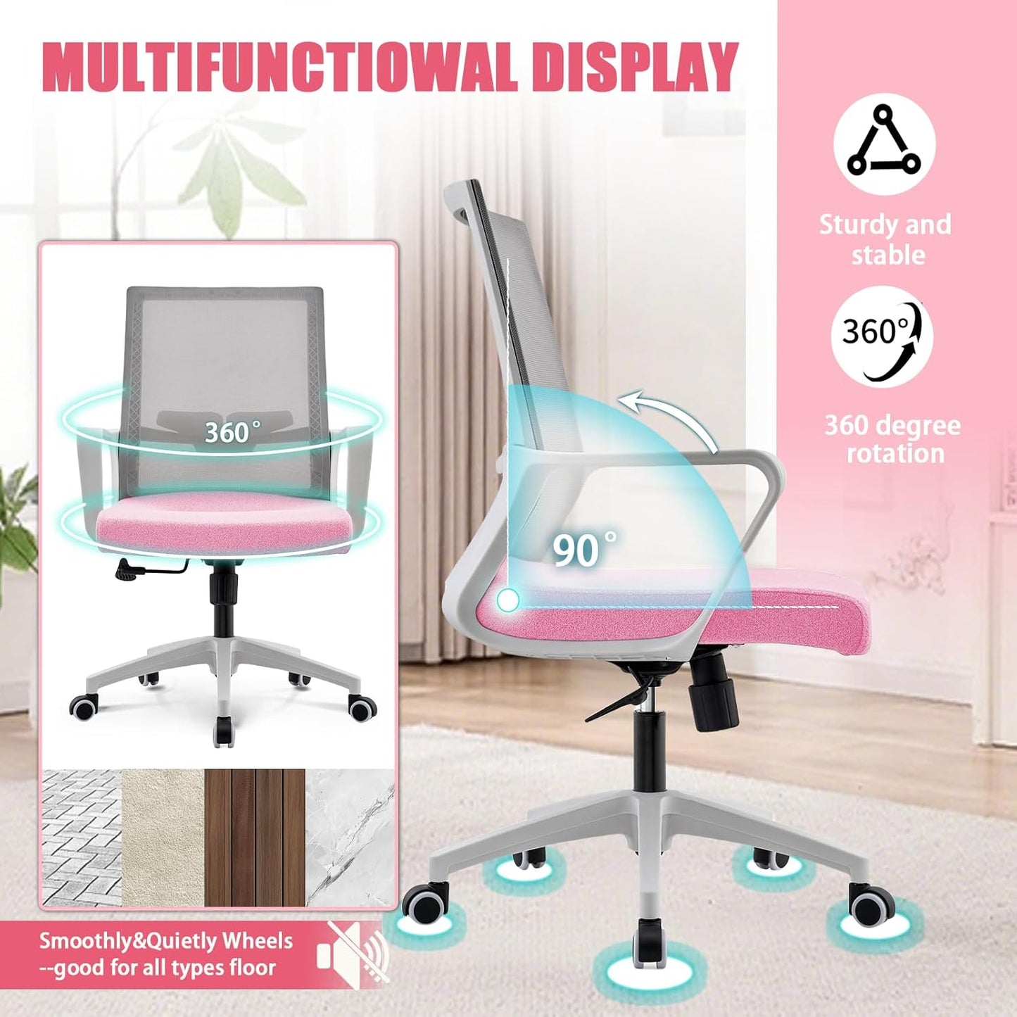 Office Chair ergonomically Designed with Breathable mesh backrest and Lumbar Support Adjustable Height Suitable for Offices Homes bedrooms Study Rooms Pink