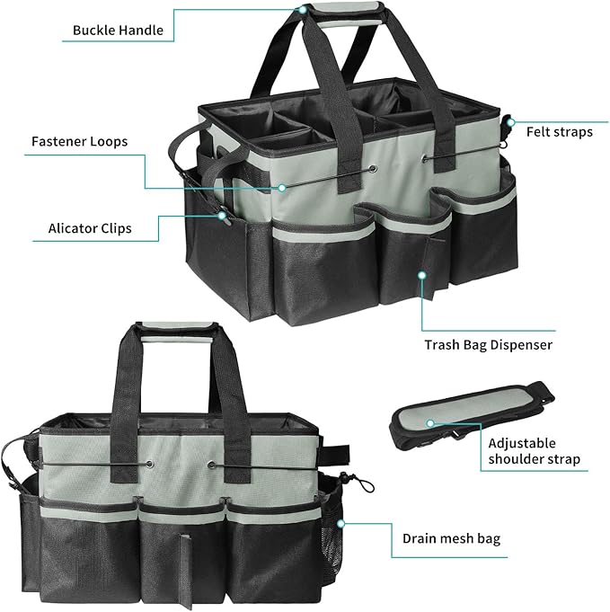 Wearable Cleaning Caddy Bag, Cleaning Caddy Suppliers Organizer with 4 Foldable Dividers, Handle & Shoulder Straps Cleaning Tool Organizers for Cleaners & Housekeeper (Grey)