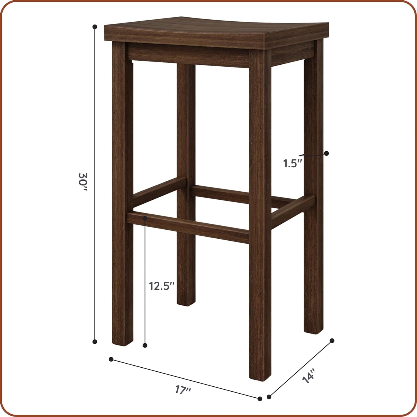Grain & Grove Smith Collection Set of 4 Solid Wood Bar Stools, 30 inch Saddle-Seat Bar Chairs, Backless, Heavy-Duty Construction, Footrest Support, for Kitchen Islands, Home Bars, and Counters, Walnut