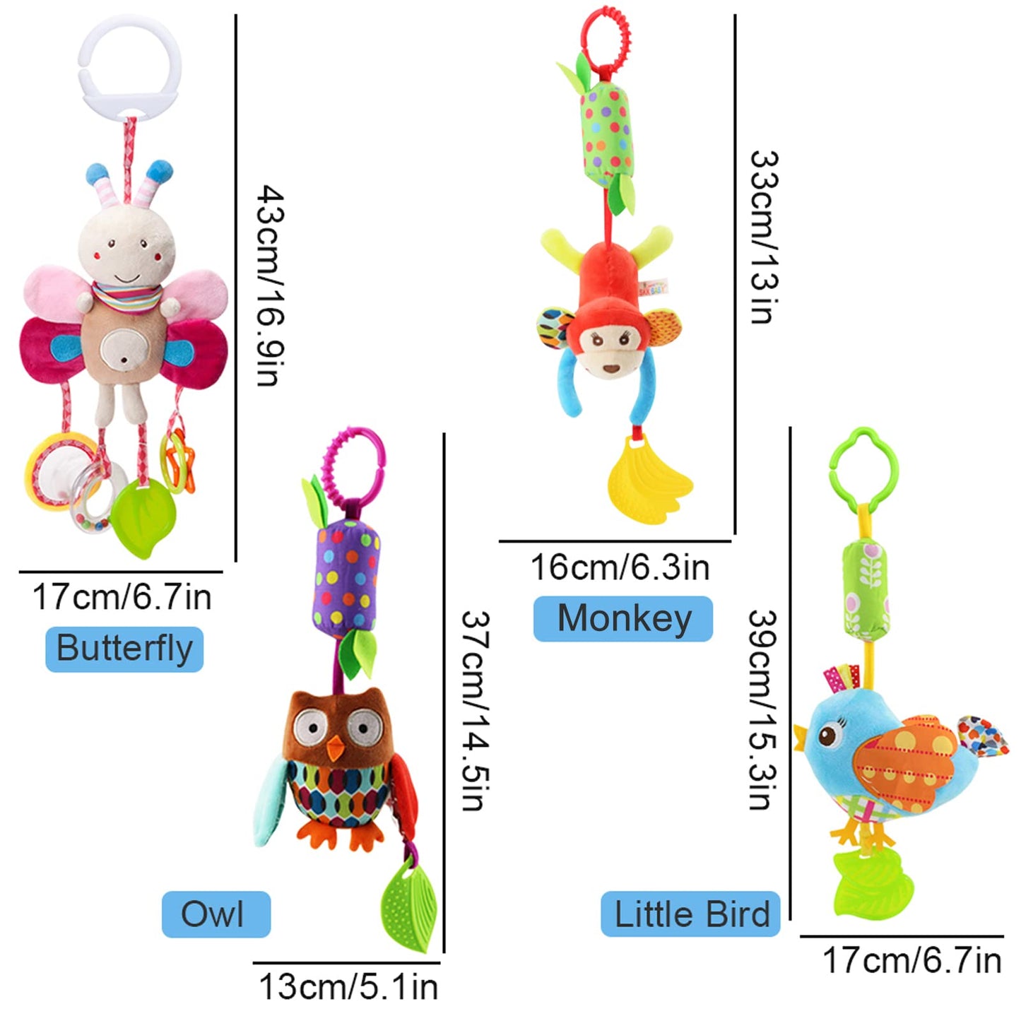 Sealive 4 Piece Baby Stroller Sensory Musical Toys, Soft Rattles Hanging Plush Activity Crib Car Seat Toys for Babies Boy Girl