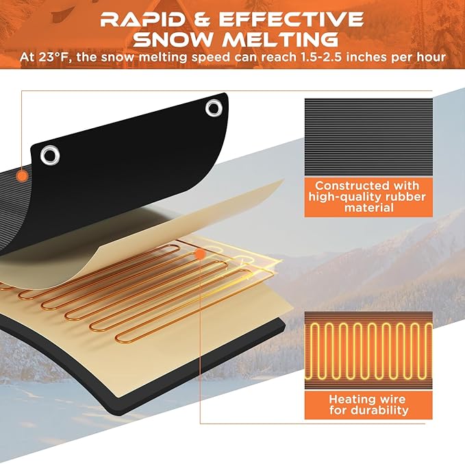 HEATIT Heated Snow Melting Mats, Heated Outdoor Rubber Mats for Entrances, Snow Melting and Ice Melting Mats for Sidewalks,Includes,Power Cable with Straight Plugt (24" X 40")