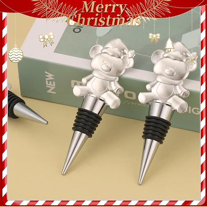 Set of 3 Metal Reusable Bear Wine Bottle Stoppers for Wine, Champagne - Christmas Decorative Party Favor