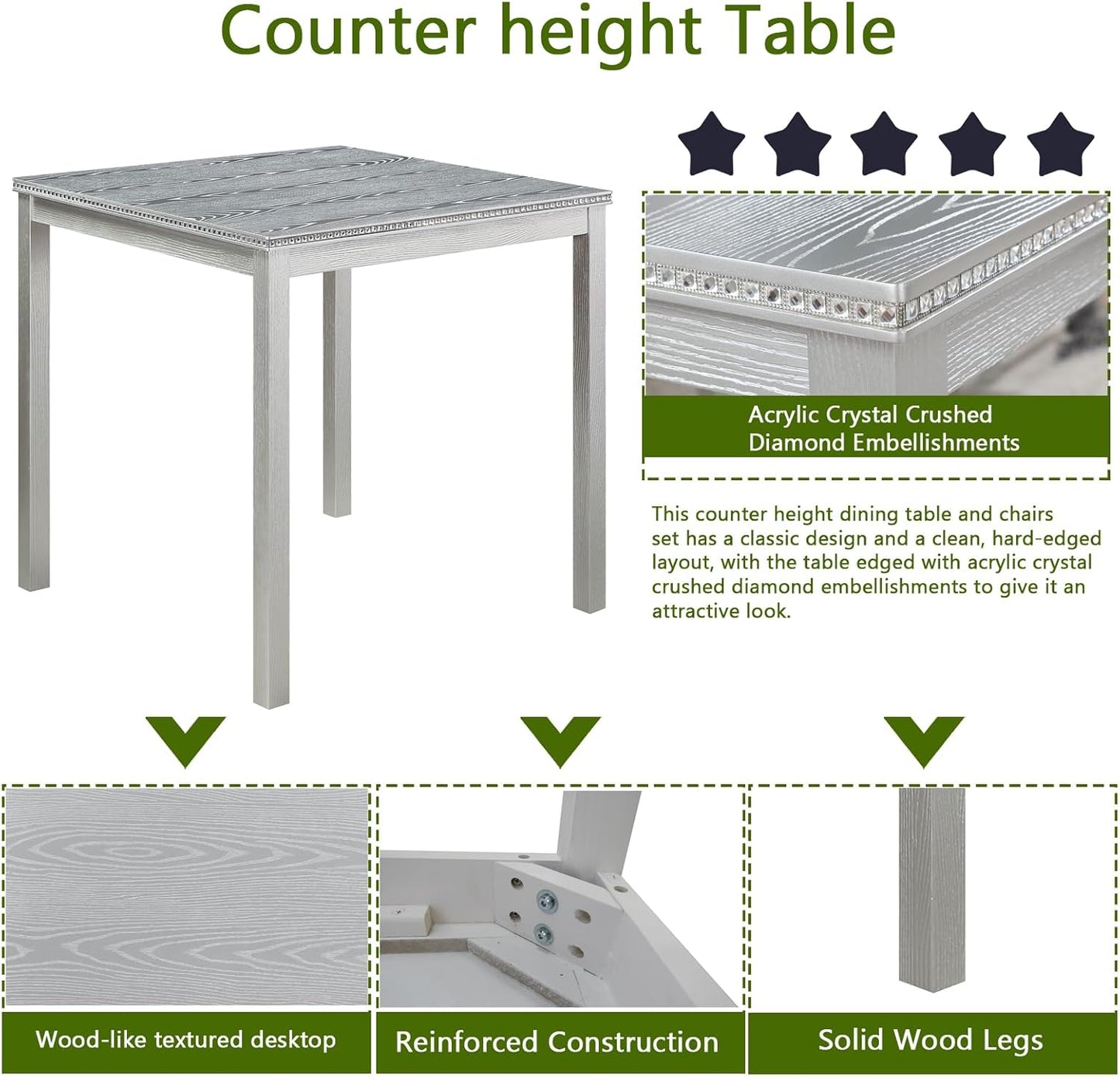 KEIKI 5-Piece Counter Height Dining Table Set with Square Table and 4 Upholstered Chair, for 4 Person, Classic Crystal Decoration Wooden Table Set, Easy Assembly, for Kitchen, Dining Room, Silver Grey