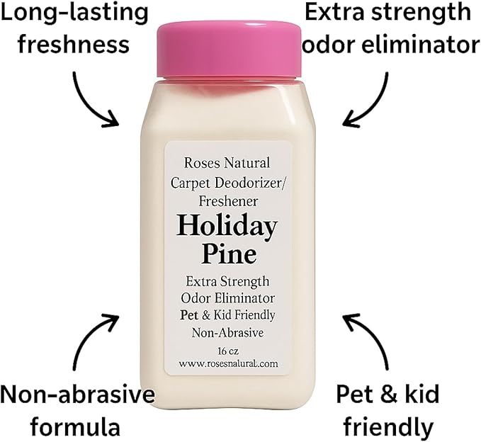 Carpet Deodorizer Powder – Holiday Pine, Long-Lasting Odor Eliminator, Plant-Based, Pet Friendly, 16 oz, Made in the USA