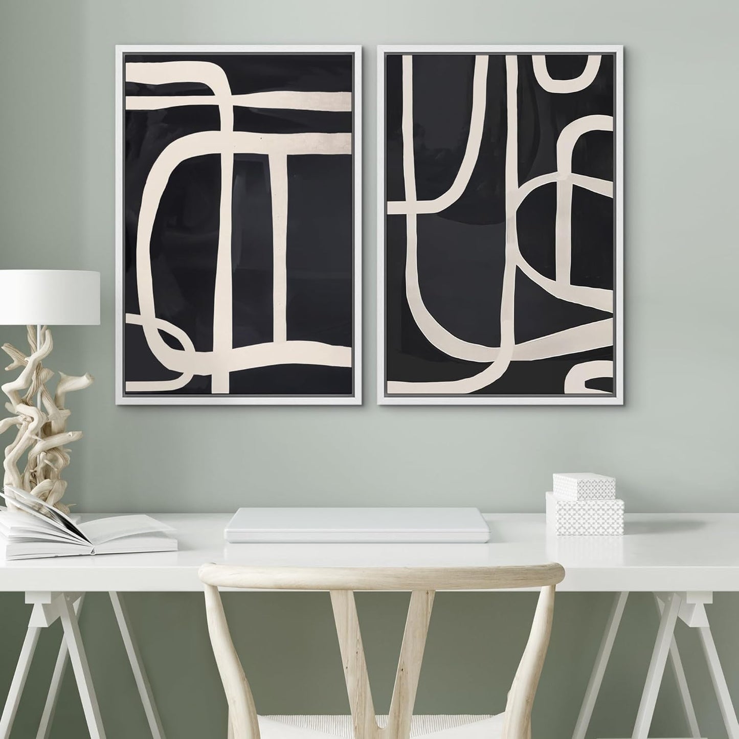 SIGNWIN Framed Canvas Print Wall Art Modern Graphic Black and White Curved Line Patterns Illustrations Modern Art Decorative Contemporary for Living Room, Bedroom, Office - 16"x24"x2 White