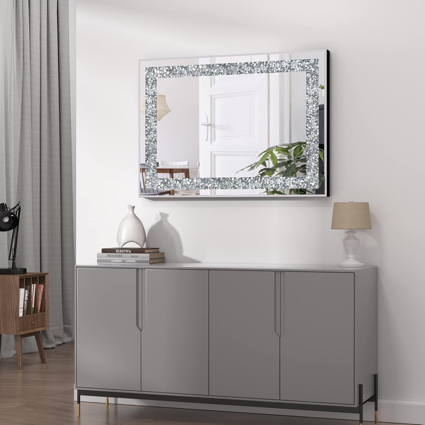 Crystal Decorative Mirror-28 x20 Rectangle Gorgeous Silver Mirror, Crush Diamond Mirror for Wall Decoration Bedroom, Hallway, Dining Room