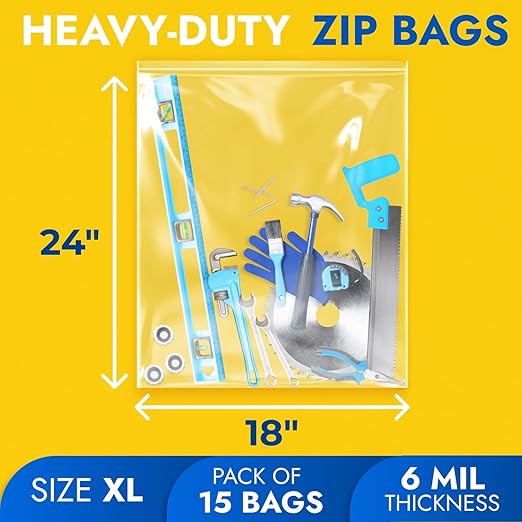 18" x 24" Extra Large Zip Seal Lock Bags, 6 Mil (Pack of 15) – Heavy-Duty Reclosable Plastic Bags – Clear, Resealable, Waterproof – For Storing and Organizing Clothes, Jewelry, and Travel
