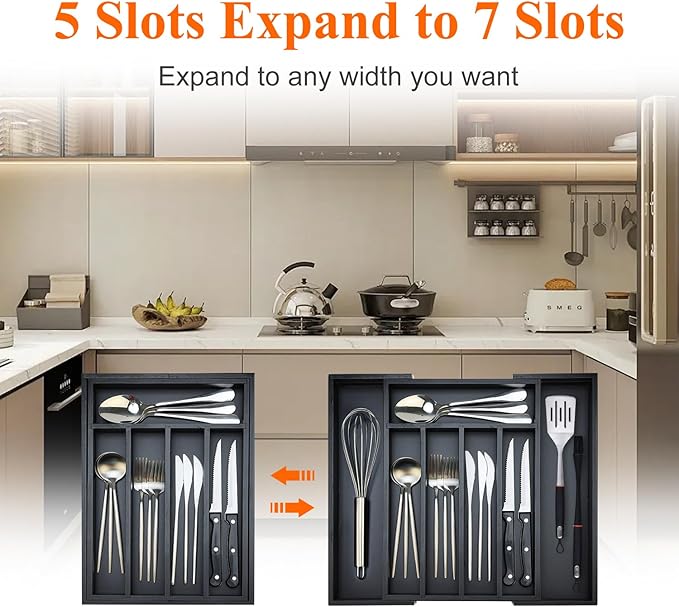 Black Bamboo Kitchen Silverware Organizer Tray Expandable Large Utensil Holder Drawer Divider Organizers Storage Adjustable Cutlery Utensil Tray Spoon Holder Wooden Flatware Organizer for Drawer