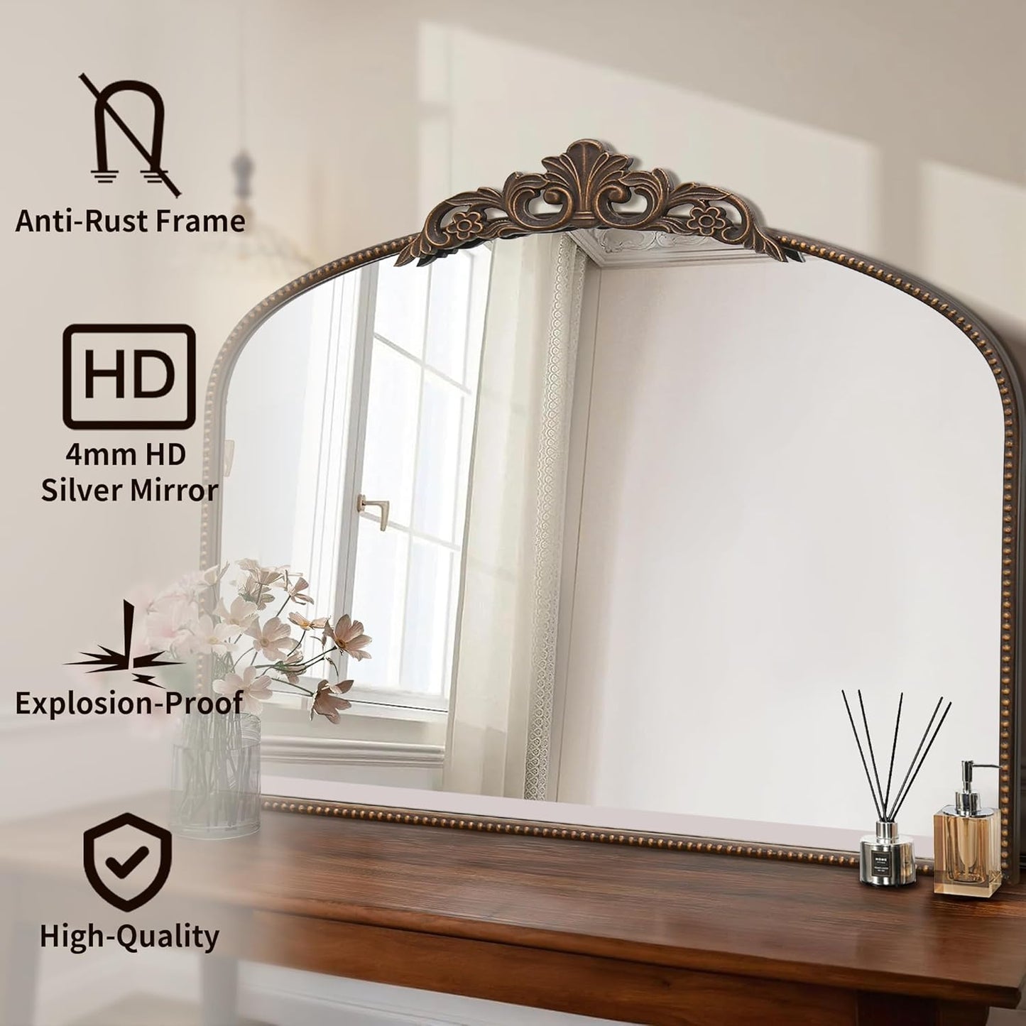Micasso Bronze Large Vintage Mirror, 40"x 30" French Baroque Antique Arched Wall Mounted Mirror Decorative Ornate Entryway Mirror for Wall Decor, Living Room, Hallway