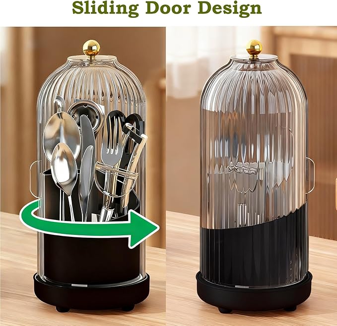 JEESA Utensil Holder with Lid, 360° Rotating Flatware Organizer for Cutlery Spoon Fork(H Less 8"), Silverware Caddy Organizer Drainage Dustproof Flatware Holder Kitchen Countertop Storage, Black