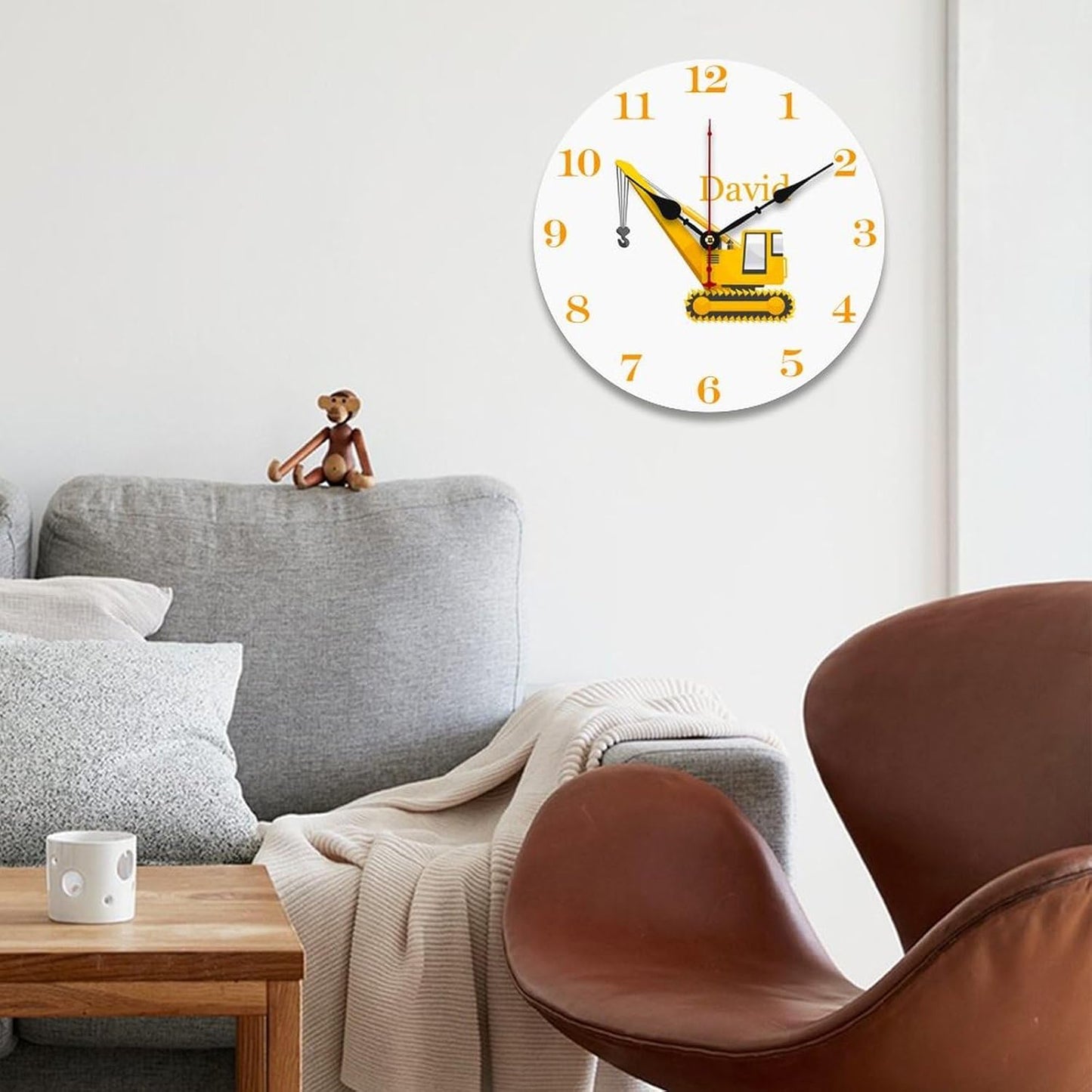 Personalized Crane Truck Kids Wood Wall Clocks Rustic Battery Operated 12 inch Non Ticking Engineering Vehicle Wall Clock for Kids Rooms Boys Girls,Nursery Wall Clock,Custom Kids Clock with Name