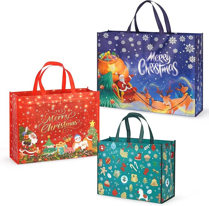 Aviski 3PCS Giant Christmas Gift Bags, Assorted Sizes, Heavy Duty Tote Grocery Treat Sewing Non-Woven Jumbo Bags with Handles for Gifts Wrapping Shopping, Xmas Party Supplies