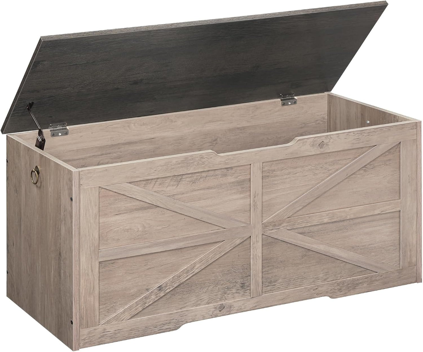 Storage Chest, 43.3" Wooden Storage Trunk, Retro Storage Bench with Safety Hinge, Toy Box, Farmhouse Style, for Bedroom, Living Room, Charcoal Gray and Greige MCW11HC