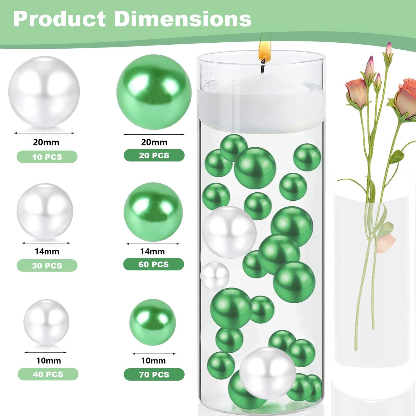 Chuxin 230 Pieces Floating Pearls for Vases Filler, 20/14/10mm Pearl Beads No Hole Faux Green Beads for St. Patrick's Day Vase Centerpieces Home Table Party Decor