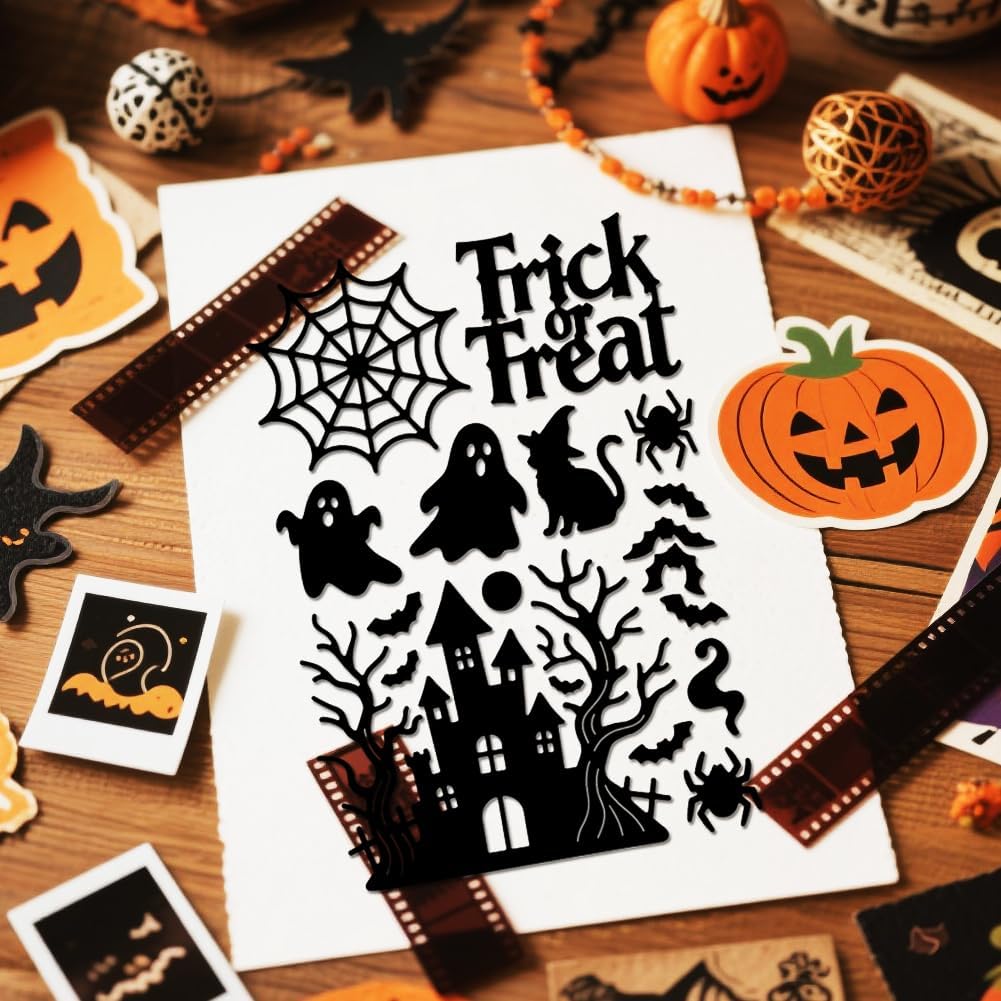MAYJOYDIY Halloween Theme Cutting Dies Castle Ghost Bats Metal Cutting Dies Witch Broom Spider Hat Pumpkin Embossing Stencils Template for DIY Scrapbooking Photo Album Card Craft Decoration Supplies
